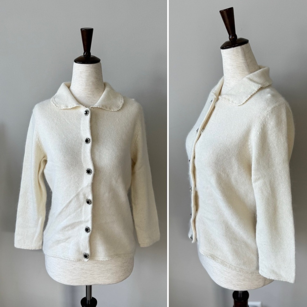 Ann Taylor Angora Rabbit Hair Lambswool Cropped Sleeve Jeweled Button Cardigan